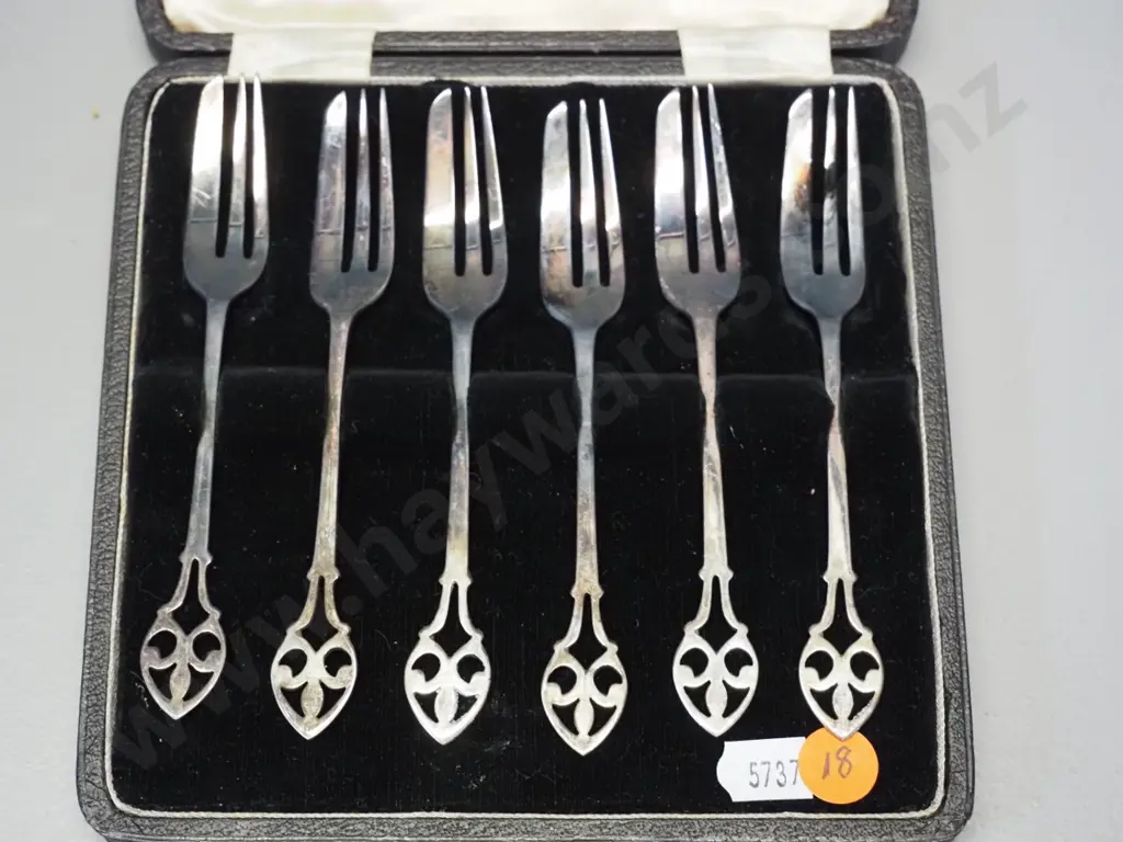cased set of 6 sterling silver cake forks and a plated and glass 4-piece condiment set and stand with prize dedication Image 1++