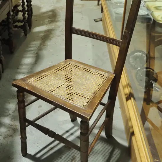 beech fan back bedroom chair on turned front legs, mismatched seat covers
