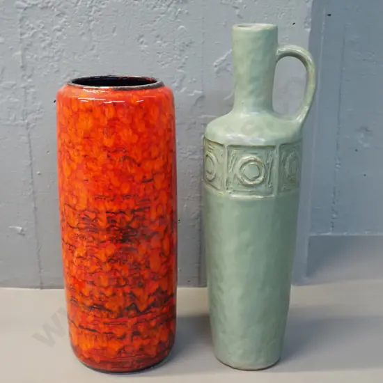 German pottery mottled orange vase and a green jug vase, no maker's marks H-340