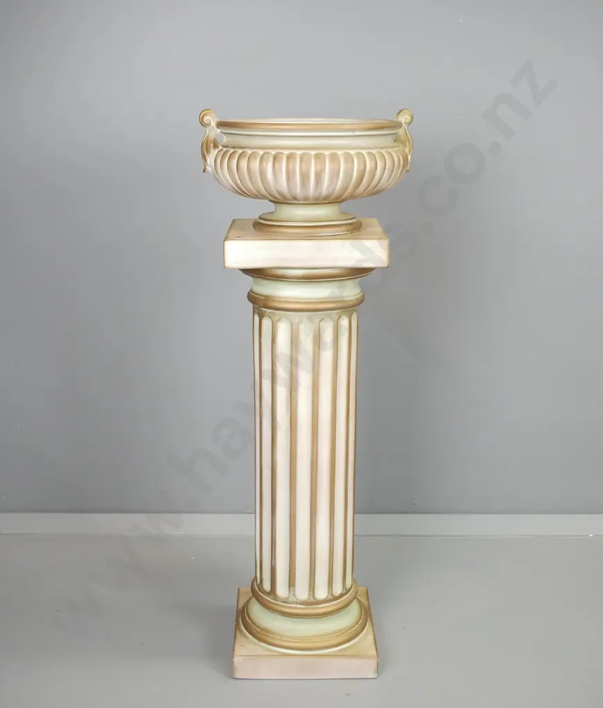 Italian classical style pottery column display stand and separate urn with gilt, cream and green finish. Combined H-970 Image 1++