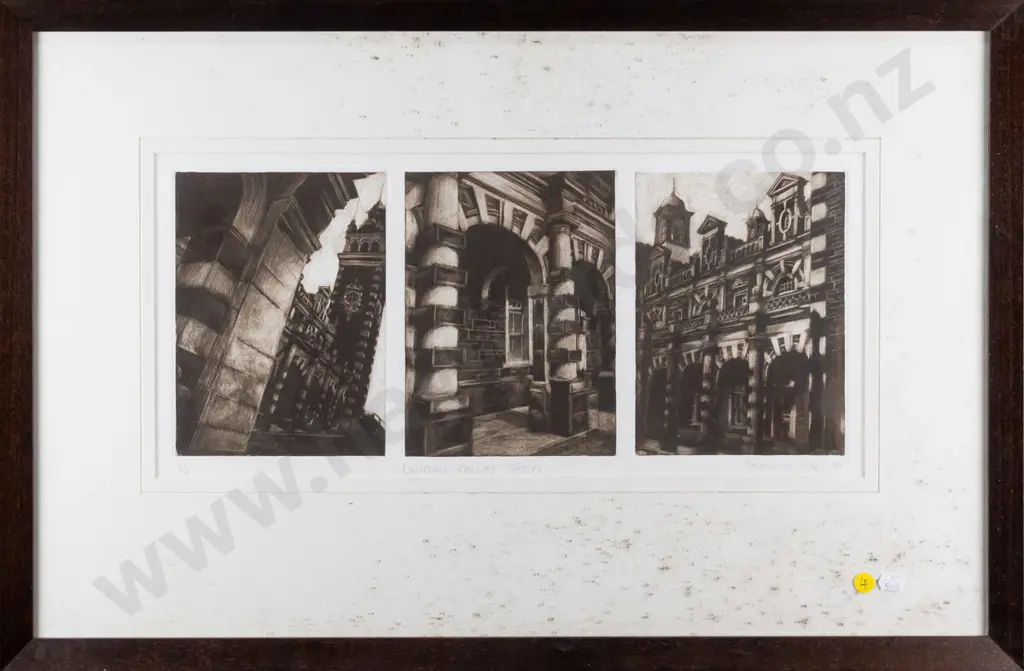 Jacqueline Byars 1987 - framed triptych etching 4/4 "Dunedin Railway Staion" H-190 W-450 Image 1++