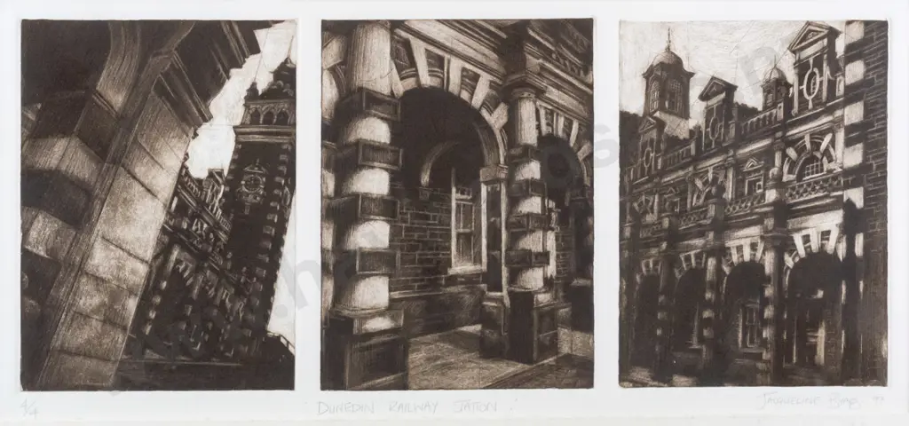 Jacqueline Byars 1987 - framed triptych etching 4/4 "Dunedin Railway Staion" H-190 W-450 Image 1++
