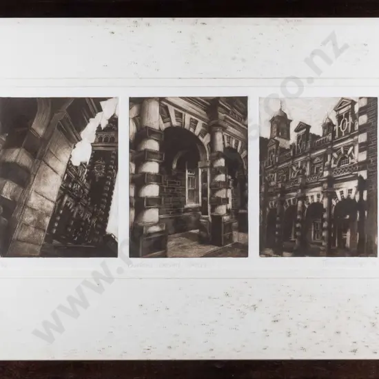 Jacqueline Byars 1987 - framed triptych etching 4/4 "Dunedin Railway Staion" H-190 W-450