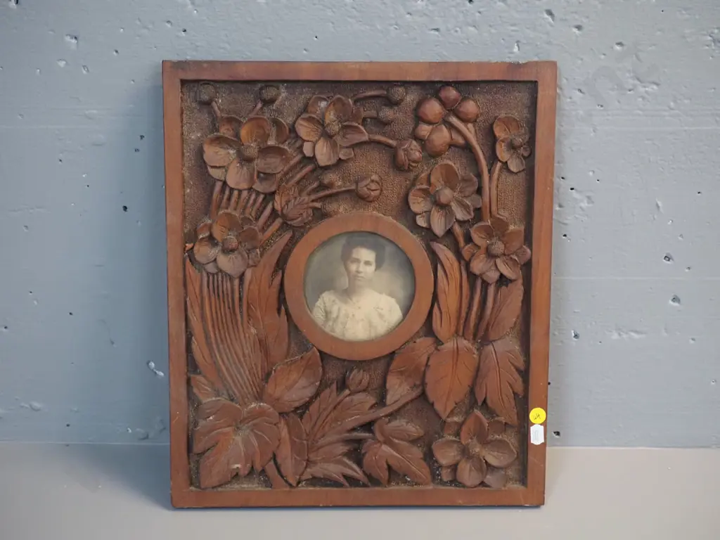 vintage heavily carved timber picture frame with small portrait photograph. Frame H-360 W-320 Image 1++