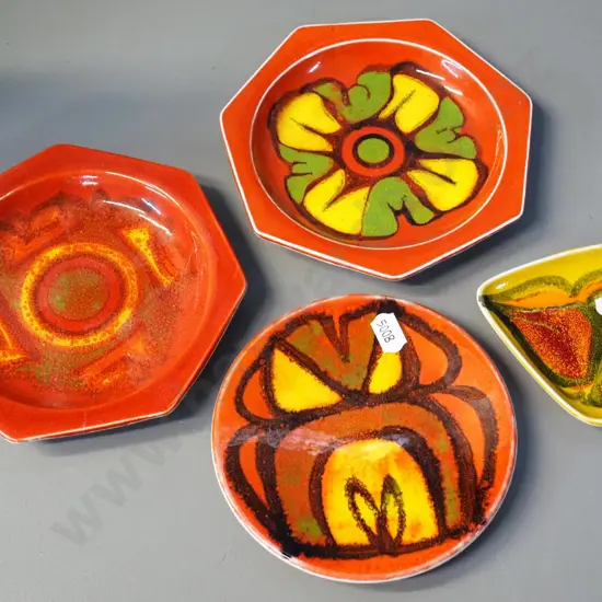 4 small signed pieces orange Poole Delphis pottery - one has mended crack, one has crack. Largest is D-145