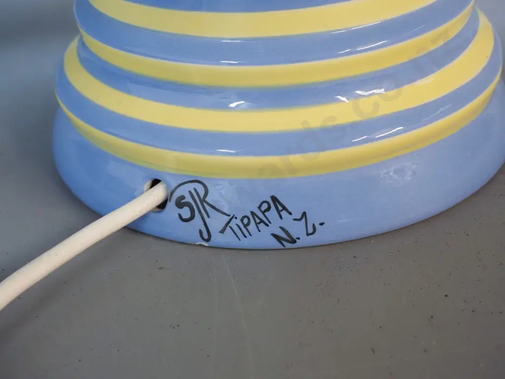 studio pottery table lamp w/horizontal blue & yellow stripe - SIgned SJR, Tipapa NZ. Staining to fabric shade H630 D460 Image 1++