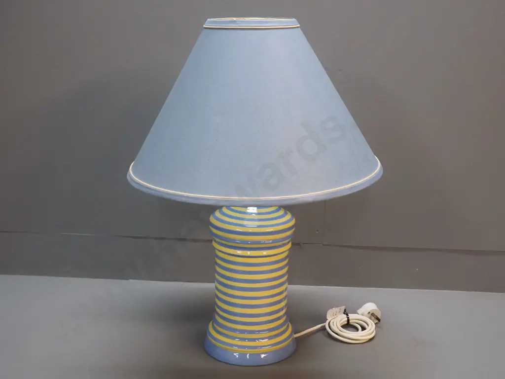 studio pottery table lamp w/horizontal blue & yellow stripe - SIgned SJR, Tipapa NZ. Staining to fabric shade H630 D460 Image 1++