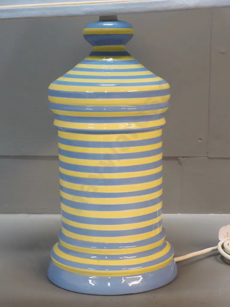 studio pottery table lamp w/horizontal blue & yellow stripe - SIgned SJR, Tipapa NZ. Staining to fabric shade H630 D460 Image 1++