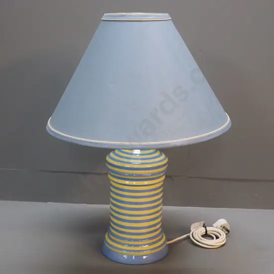 studio pottery table lamp w/horizontal blue & yellow stripe - SIgned SJR, Tipapa NZ. Staining to fabric shade H630 D460