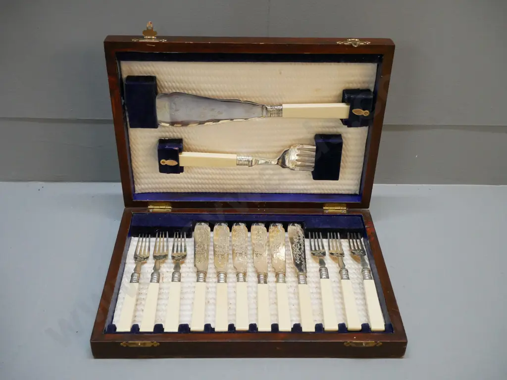 oak cased set of fish knives and forks with servers - etched EPNS w/ sterling silver collars & square bone handles Image 1++