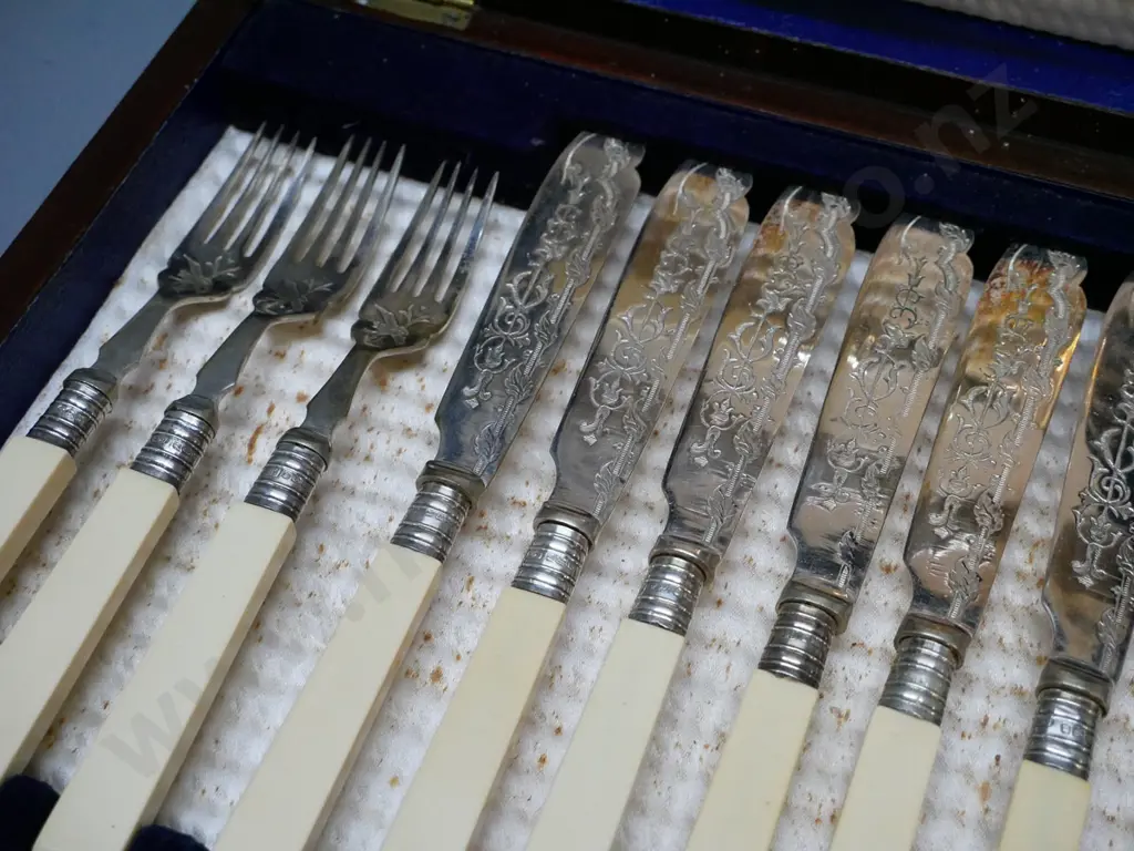 oak cased set of fish knives and forks with servers - etched EPNS w/ sterling silver collars & square bone handles Image 1++