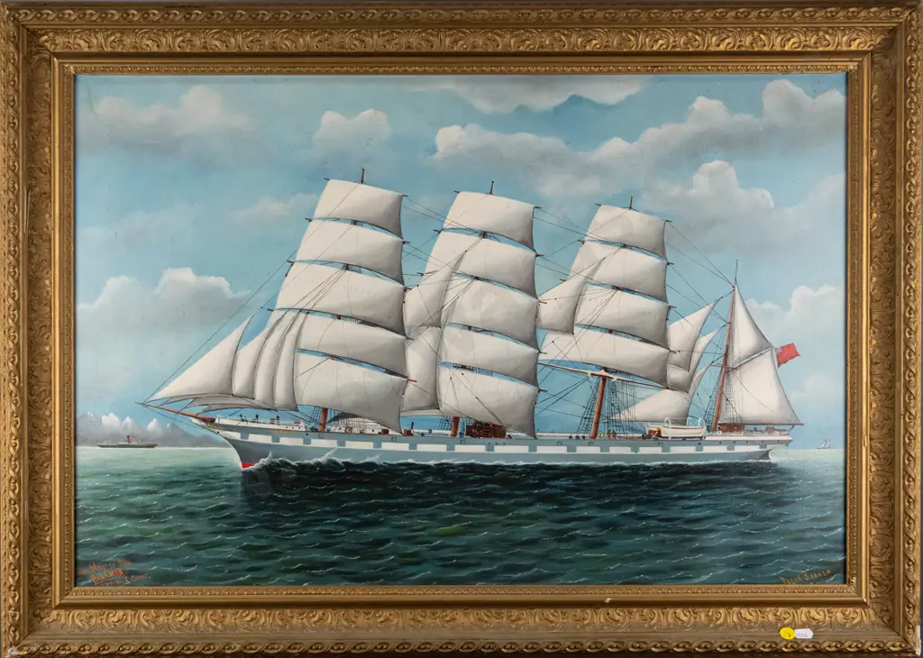Frank Barnes - framed oil on board - 4 Masted Ship Hinemoa off New Zealand Coast. H-470 W-720 - some warping to board Image 1++