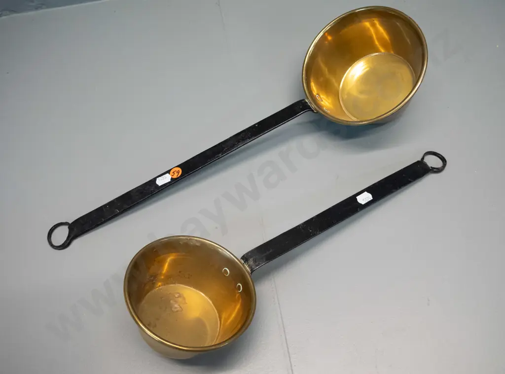 2 vintage brass ladles / dippers with forged iron handles - larger is L-460, bowl is Diameter 140 Image 1++