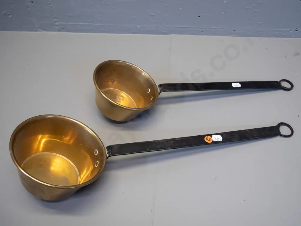 2 vintage brass ladles / dippers with forged iron handles - larger is L-460, bowl is Diameter 140 Image 1++