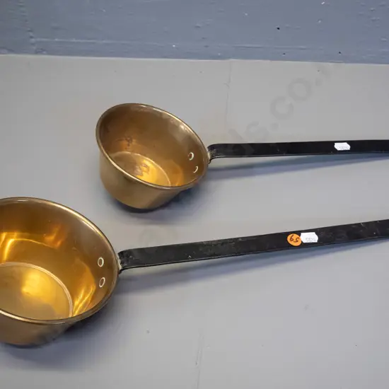 2 vintage brass ladles / dippers with forged iron handles - larger is L-460, bowl is Diameter 140