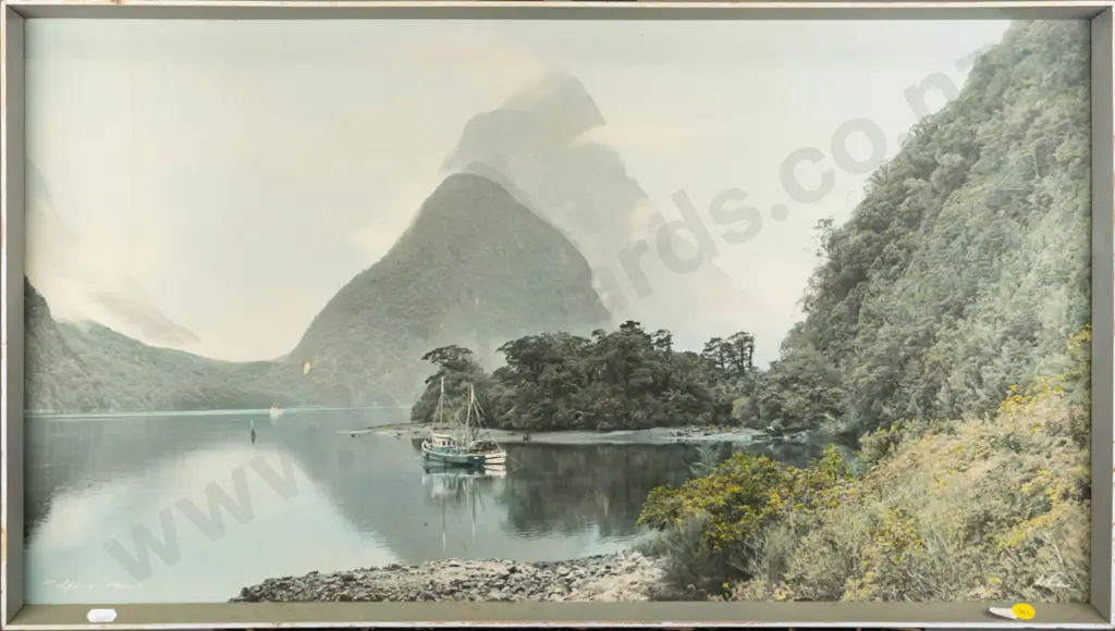 framed Whites Aviation hand coloured photograph "Milford Sound" (some aging and marks) H-370 W-670 Image 1++