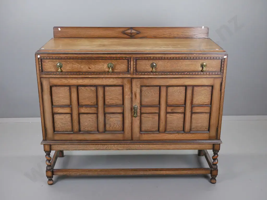 vintage oak sideboard, two drawers above two panel doors on stretcher base, surface fading, Image 1++