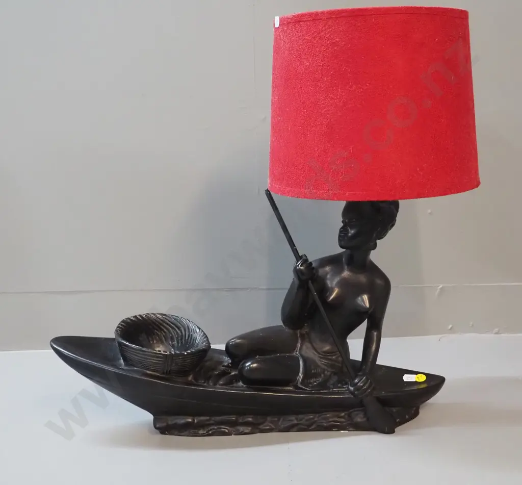 retro table lamp - woman in canoe, with red velour shade - chip to basket H-480 L-480 Image 1++