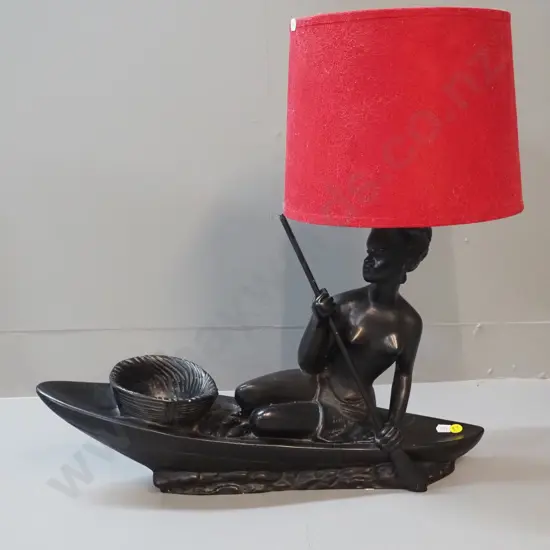 retro table lamp - woman in canoe, with red velour shade - chip to basket H-480 L-480