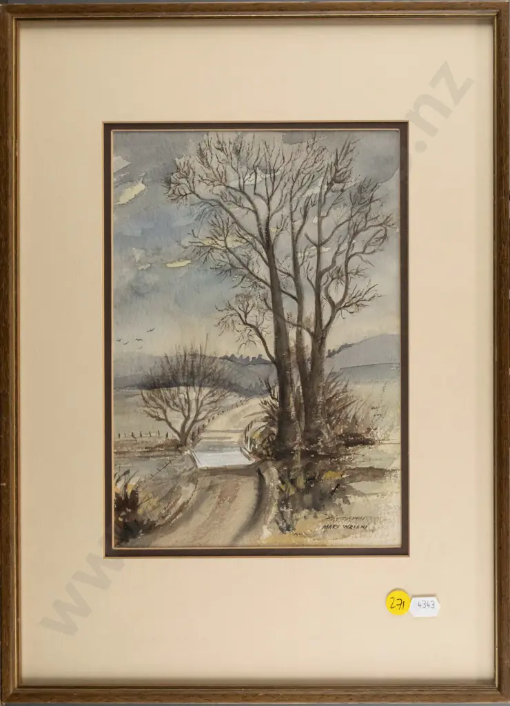 Mary Wright - framed watercolour "Black Poplars, Cust, Nth Canterbury" H-240 W-165 Image 1++