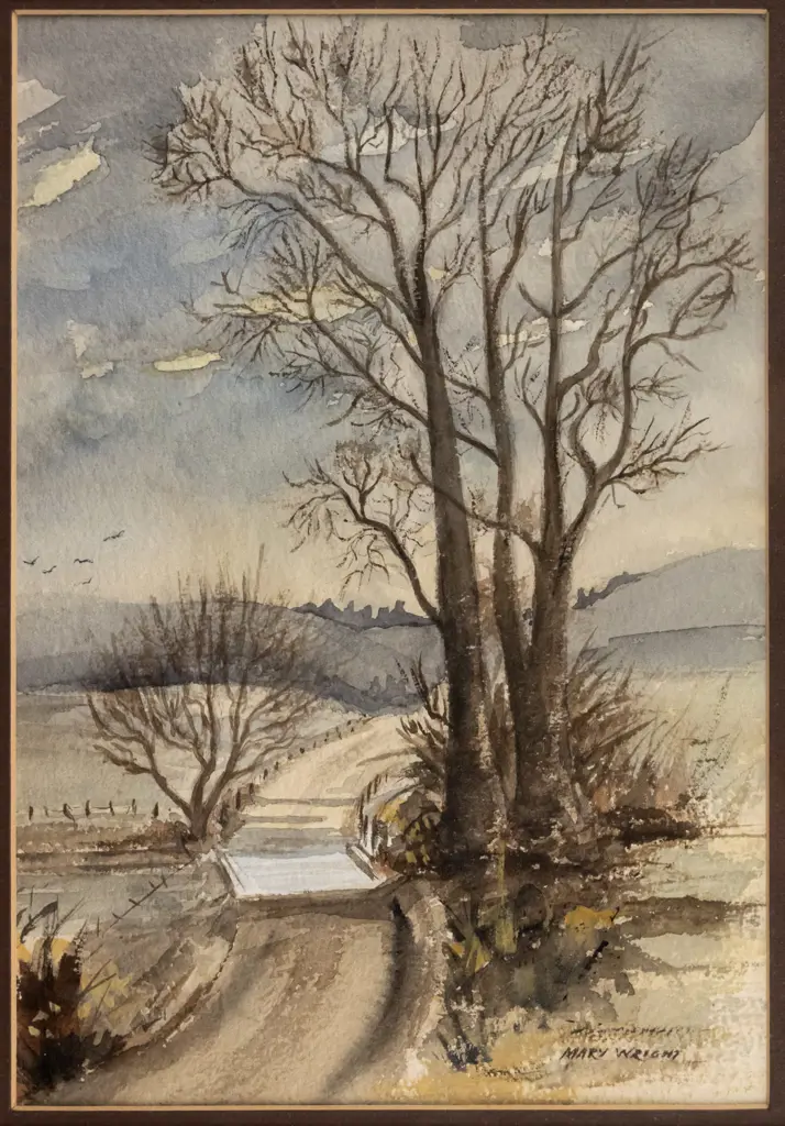 Mary Wright - framed watercolour "Black Poplars, Cust, Nth Canterbury" H-240 W-165 Image 1++