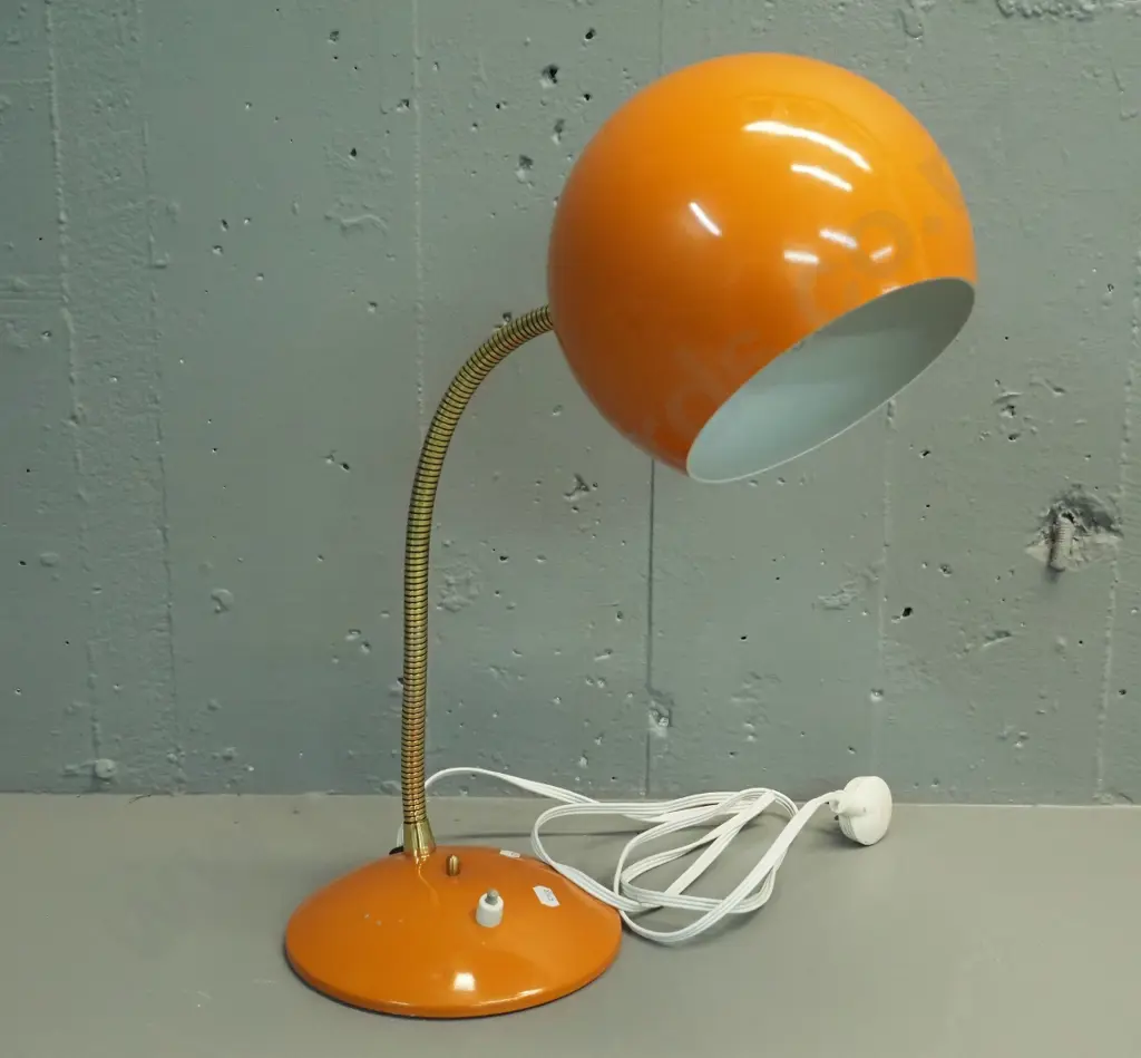 retro brass and orange finish metal gooseneck adjustable table lamp - some finish loss on base H-480 shade D-180 Image 1++