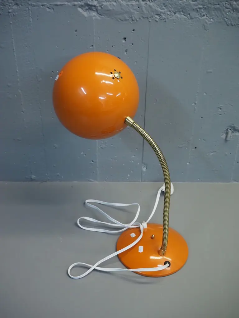 retro brass and orange finish metal gooseneck adjustable table lamp - some finish loss on base H-480 shade D-180 Image 1++