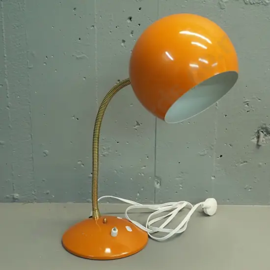 retro brass and orange finish metal gooseneck adjustable table lamp - some finish loss on base H-480 shade D-180