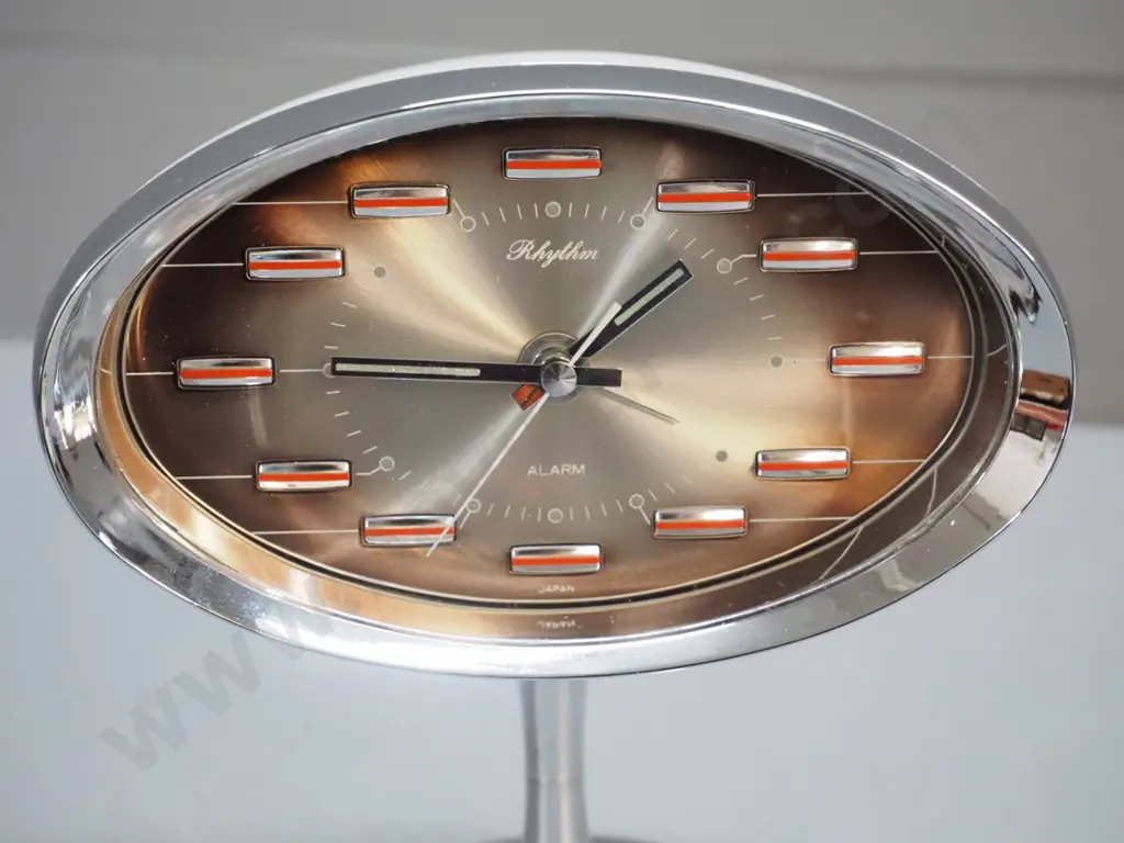 retro Rhythm Japan chrome and plastic wind-up alarm clock - some pitting to chrome base H-190 W-160 Image 1++