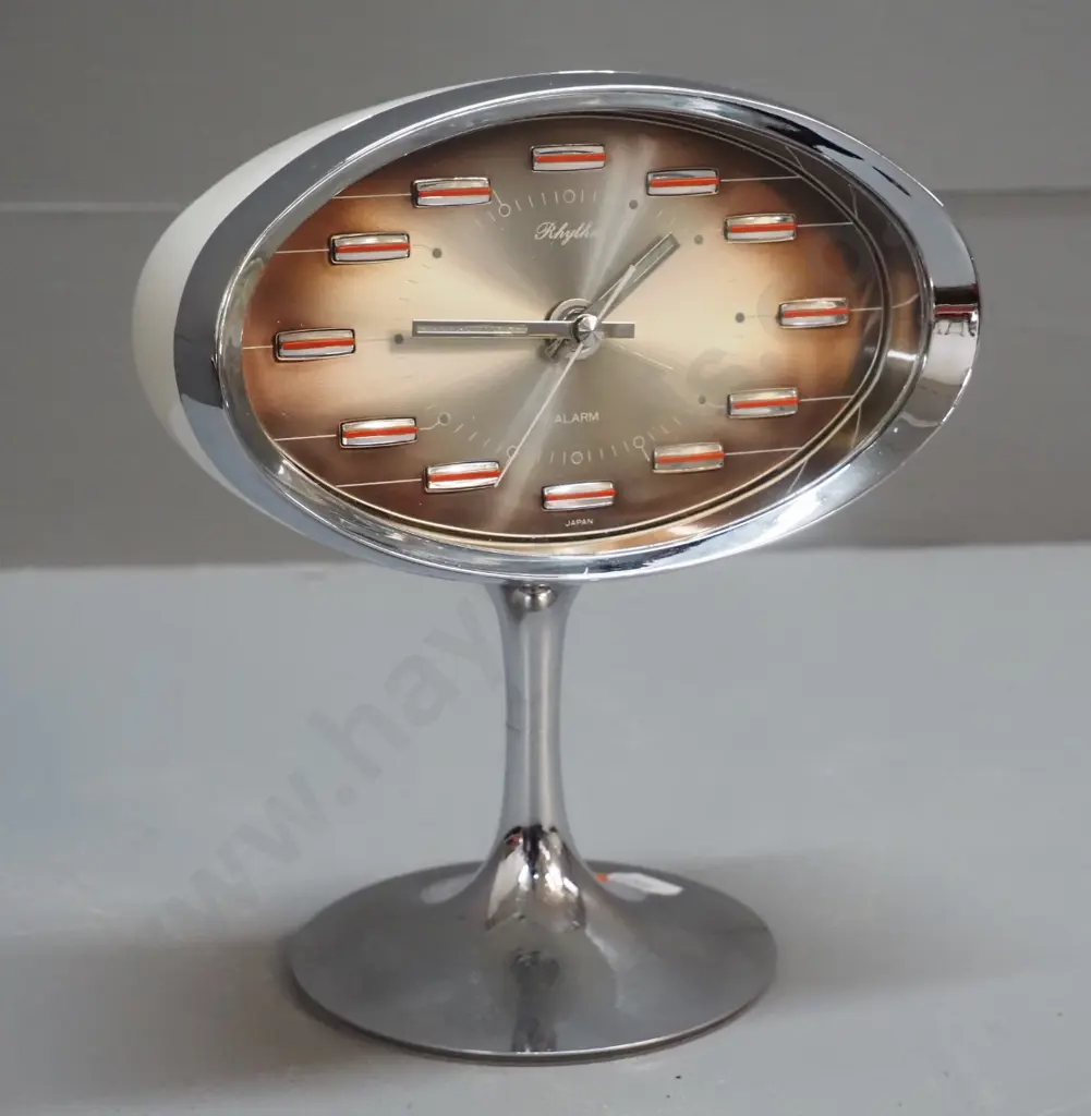 retro Rhythm Japan chrome and plastic wind-up alarm clock - some pitting to chrome base H-190 W-160 Image 1++