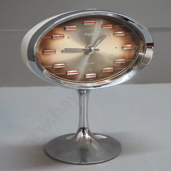 retro Rhythm Japan chrome and plastic wind-up alarm clock - some pitting to chrome base H-190 W-160