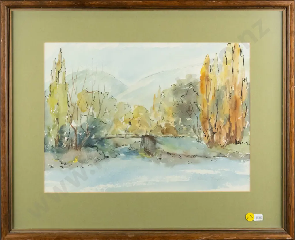 Robina Templeton - framed ink and watercolour - river scene H-250 W-35 Image 1++