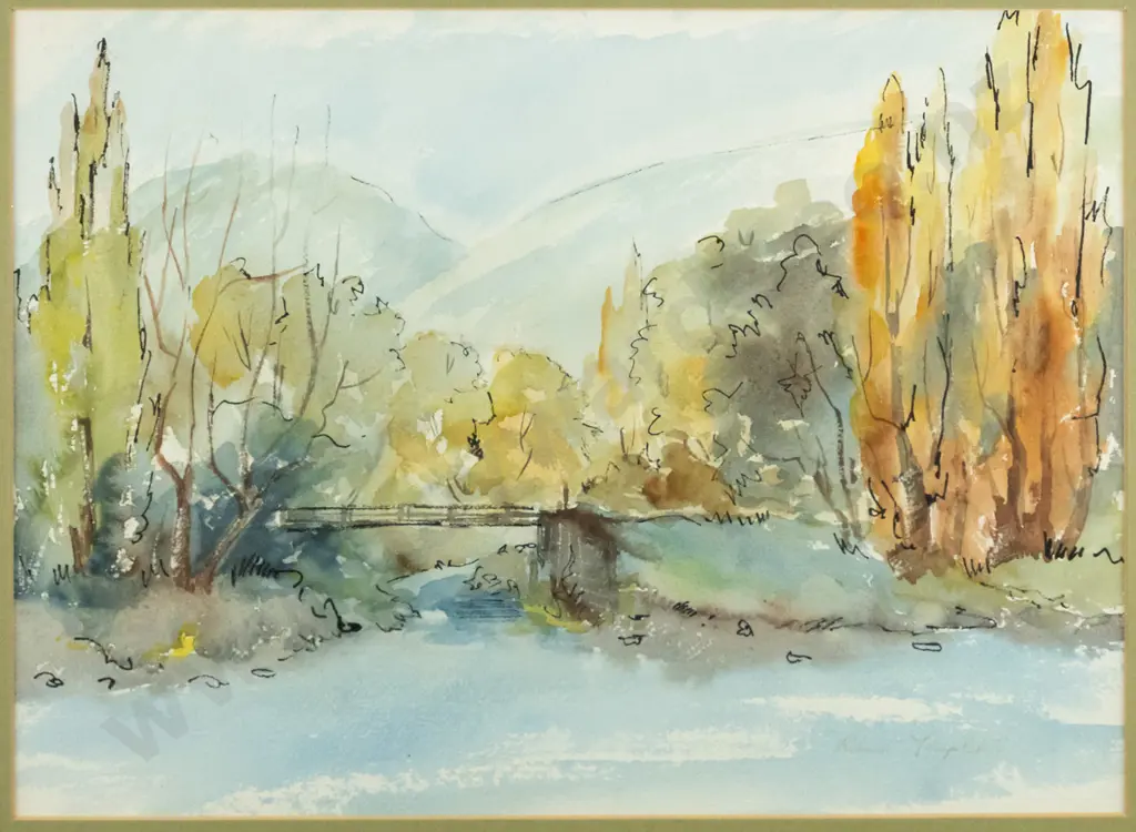 Robina Templeton - framed ink and watercolour - river scene H-250 W-35 Image 1++