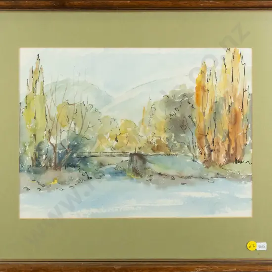 Robina Templeton - framed ink and watercolour - river scene H-250 W-35
