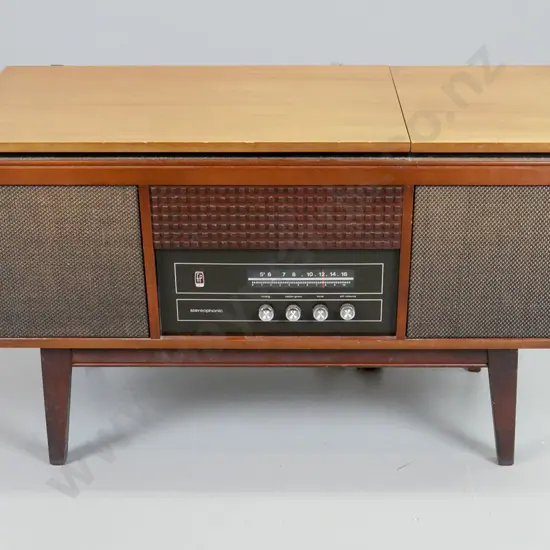 retro mahogany cased Murphy radiogram with Fisher & Paykel logo with documents H-540 W-890 D-390