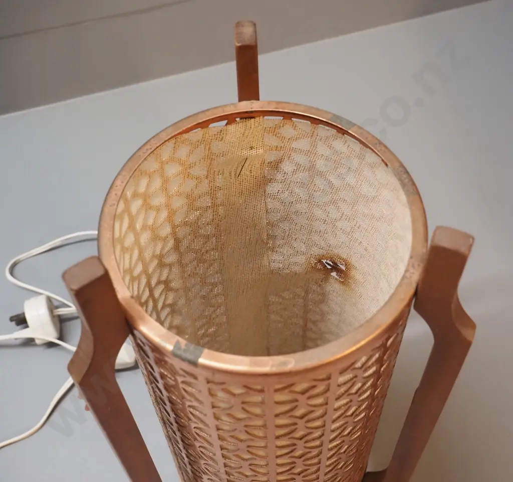 retro fabric-lined filigree copper table lamp with wood frame - has heat mark to fabric H-400 W-200 Image 1++
