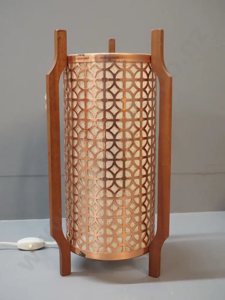 retro fabric-lined filigree copper table lamp with wood frame - has heat mark to fabric H-400 W-200 Image 1++