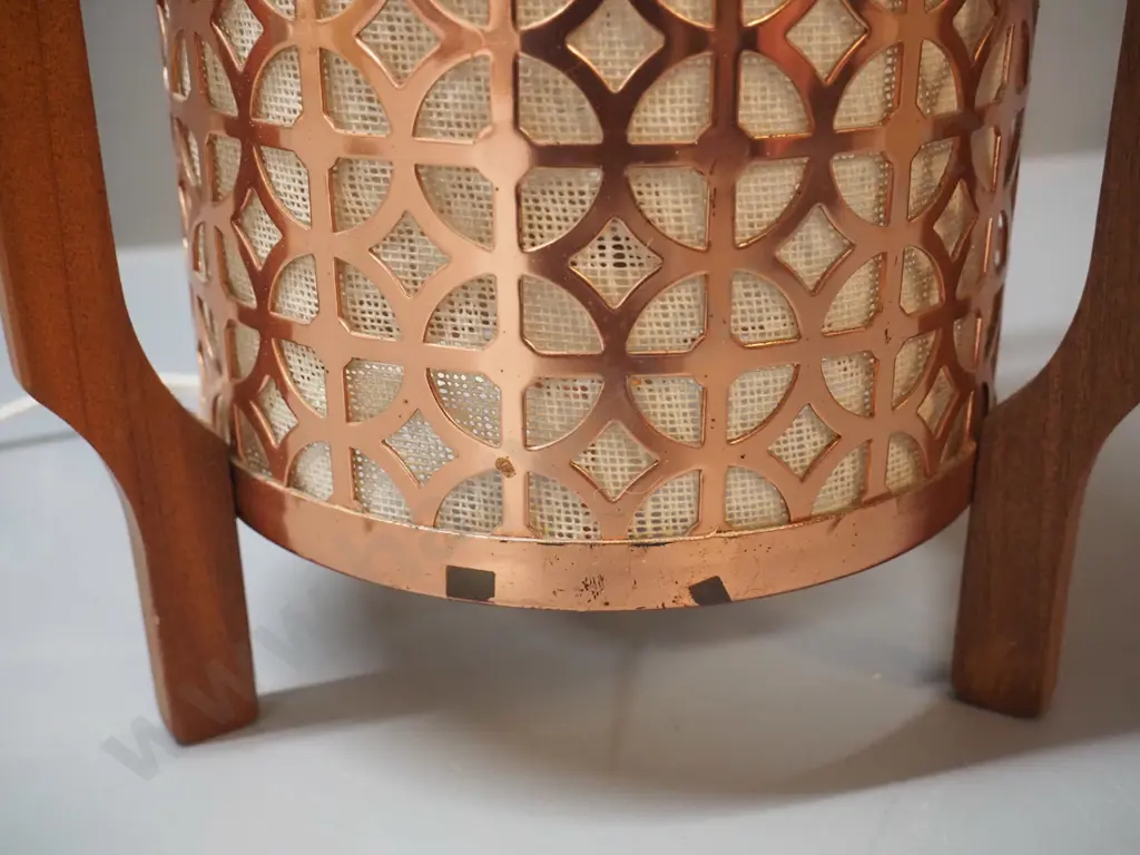 retro fabric-lined filigree copper table lamp with wood frame - has heat mark to fabric H-400 W-200 Image 1++