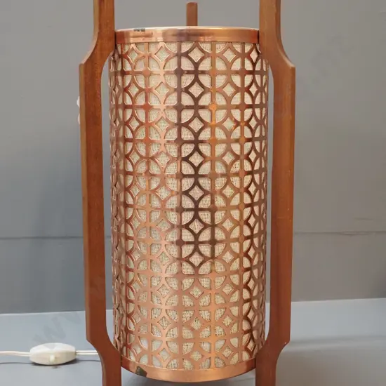 retro fabric-lined filigree copper table lamp with wood frame - has heat mark to fabric H-400 W-200