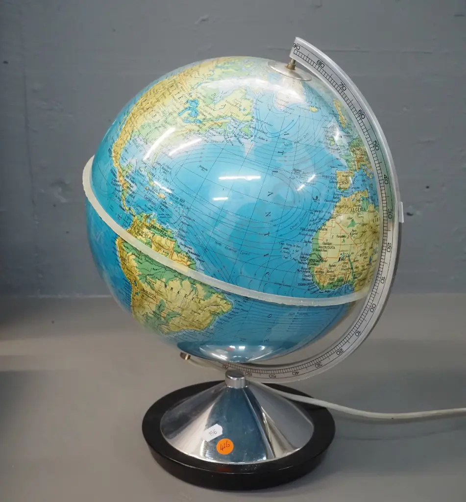 illuminated world globe on chrome stand and stand, timber base marked Philip Twin Italy 1972 H400 D270 Image 1++