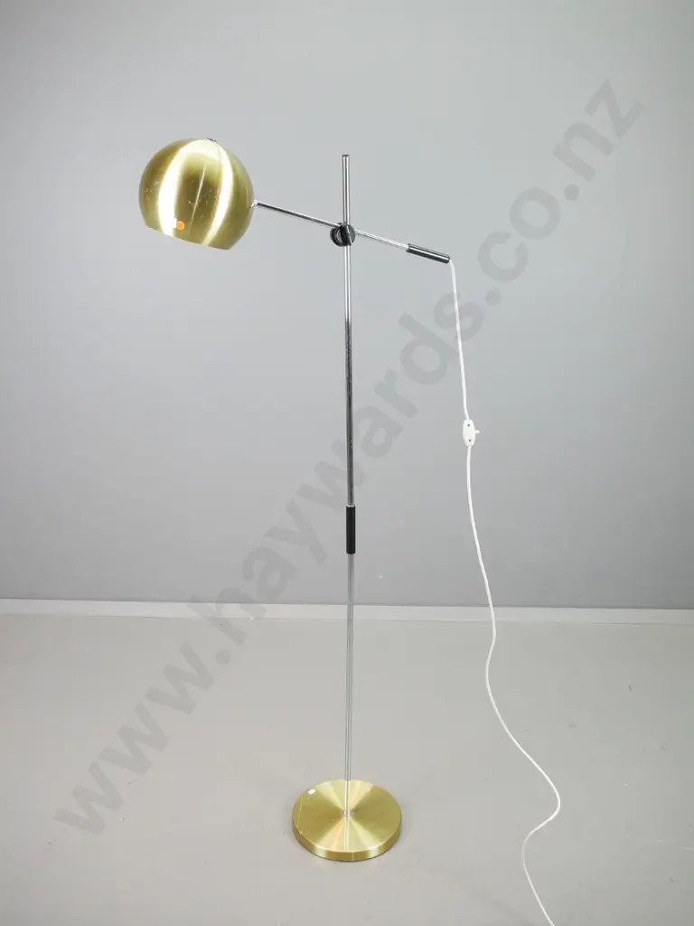 retro angle adjustable arm floor lamp with spun metal globe shade and base, chrome stand.- dents and scratches to base Image 1++