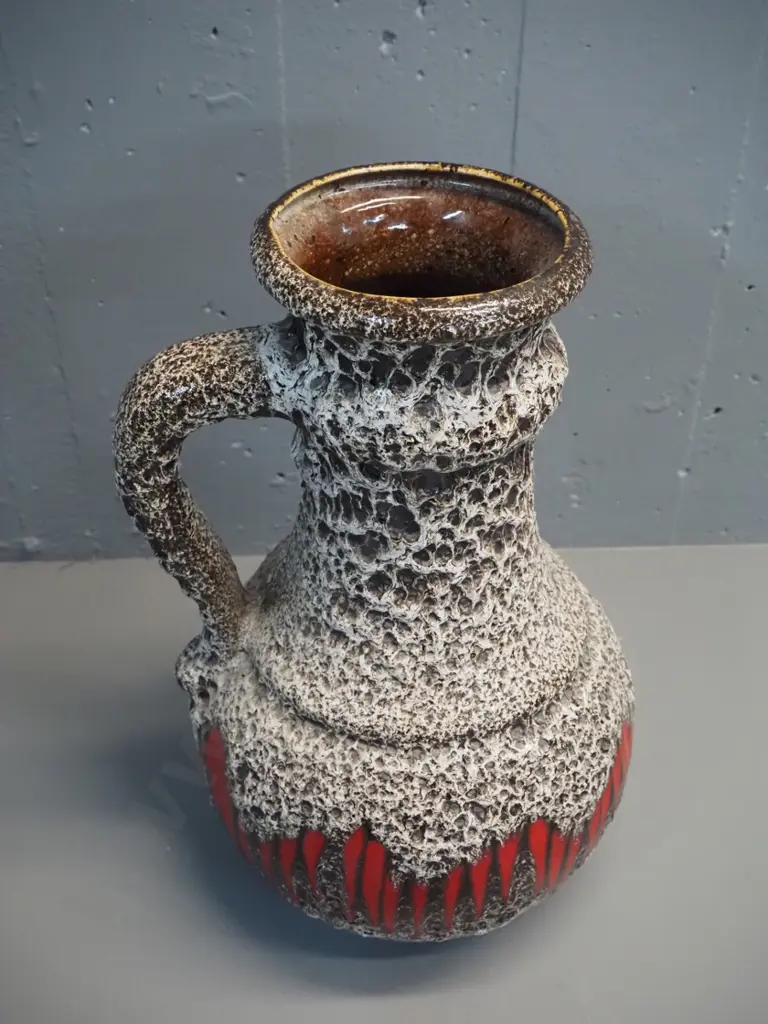 large German pottery handled vase - textured glaze with orange band H-420 W-280 Image 1++