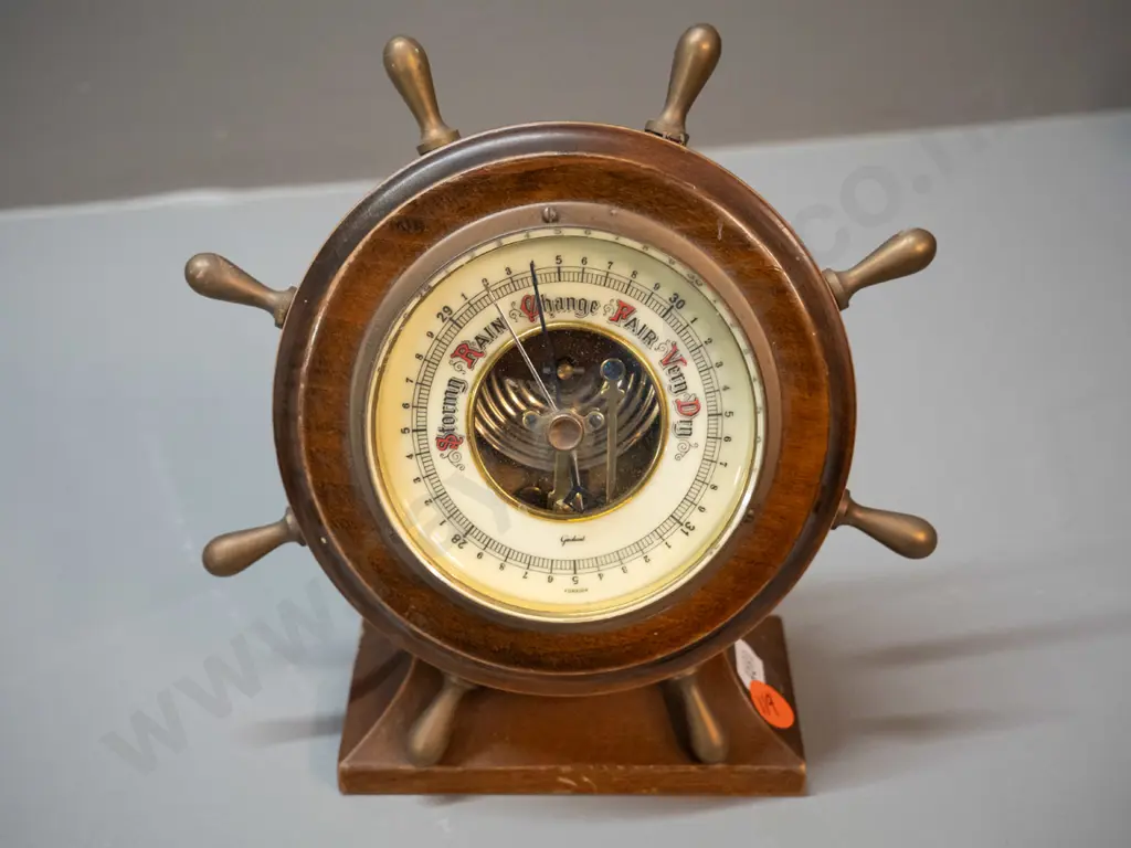 vintage wood-cased mantle or desktop barometer - marked Gischard? and "Foreign" H-180 W-180 Image 1++