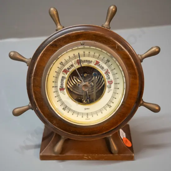vintage wood-cased mantle or desktop barometer - marked Gischard? and "Foreign" H-180 W-180