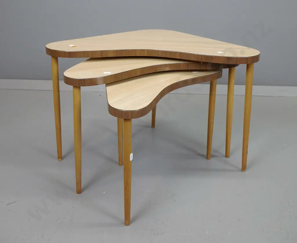 set of 3 mid-century formica topped boomerang nesting tables - legs need attention, wobbly on largest, all have been Image 1++