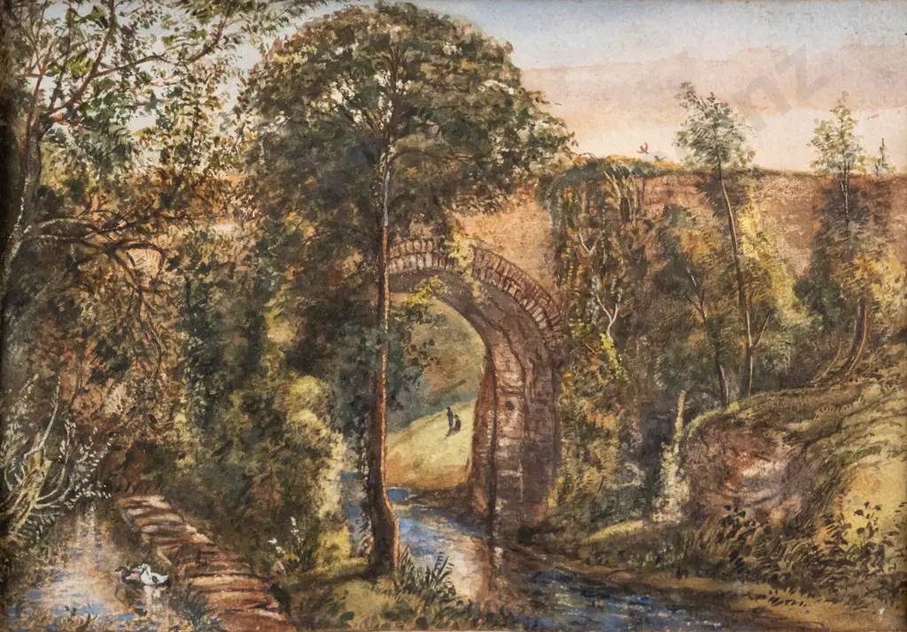 John Tucker Thomson 1878 - framed watercolour - bridge and river scene H-170 W-250 (warping) Image 1++