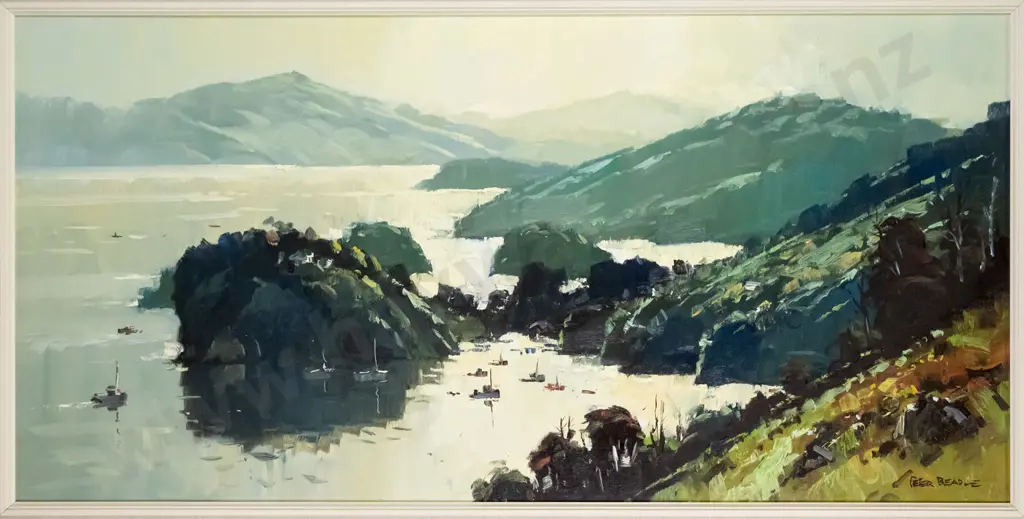 Peter Beadle 1982- framed oil on board- "Paterson Inlet Stewart Island" H-440 W-900 Image 1++