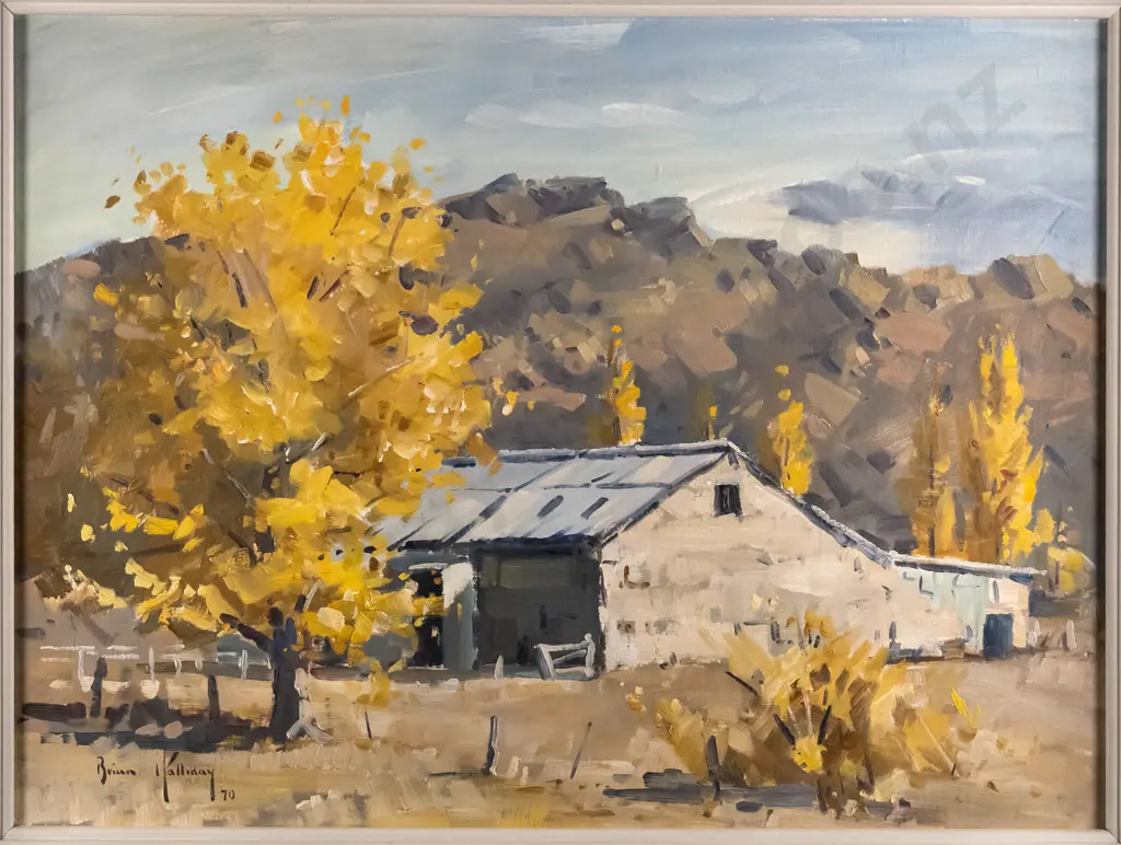 Brian Halliday 70 -framed oil board- Central Otago farm building H-360 W-490 Image 1++
