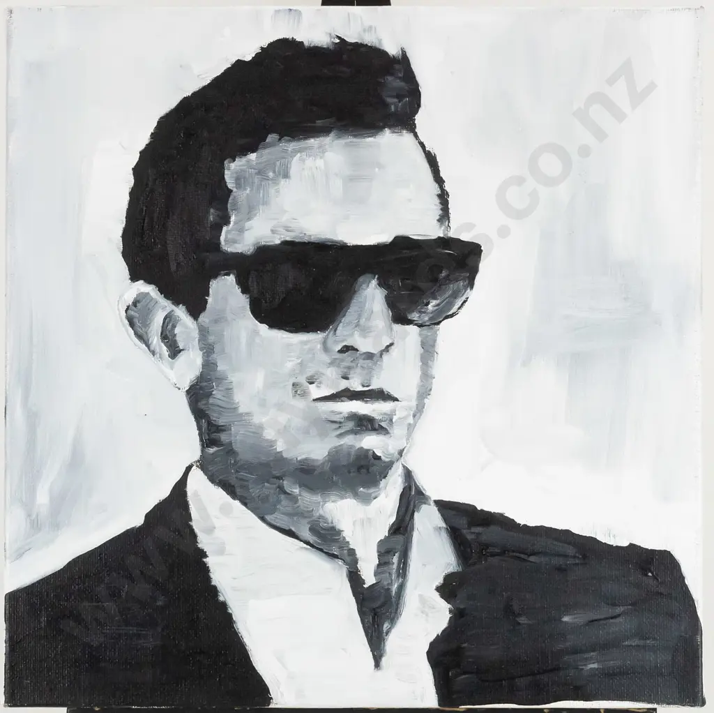 P Wheeler 05- boxed oil on canvas - man with sunglasses H-530 W-530 Image 1++