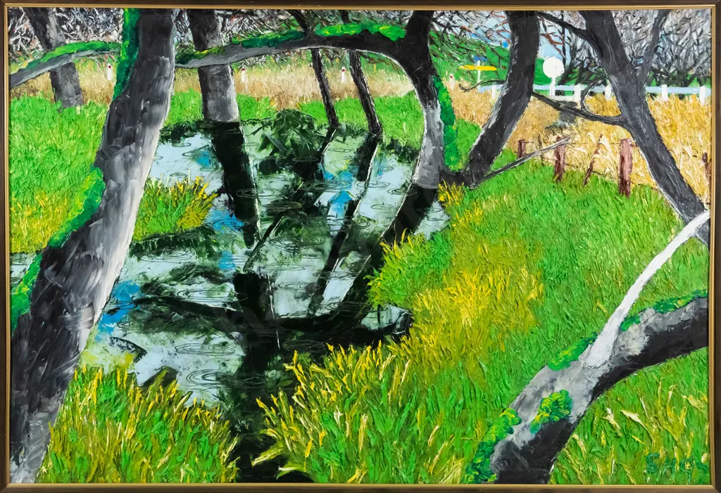 Stephen Haugh 1997 -framed oil-  trees & pond H-730 W-1110 Image 1++